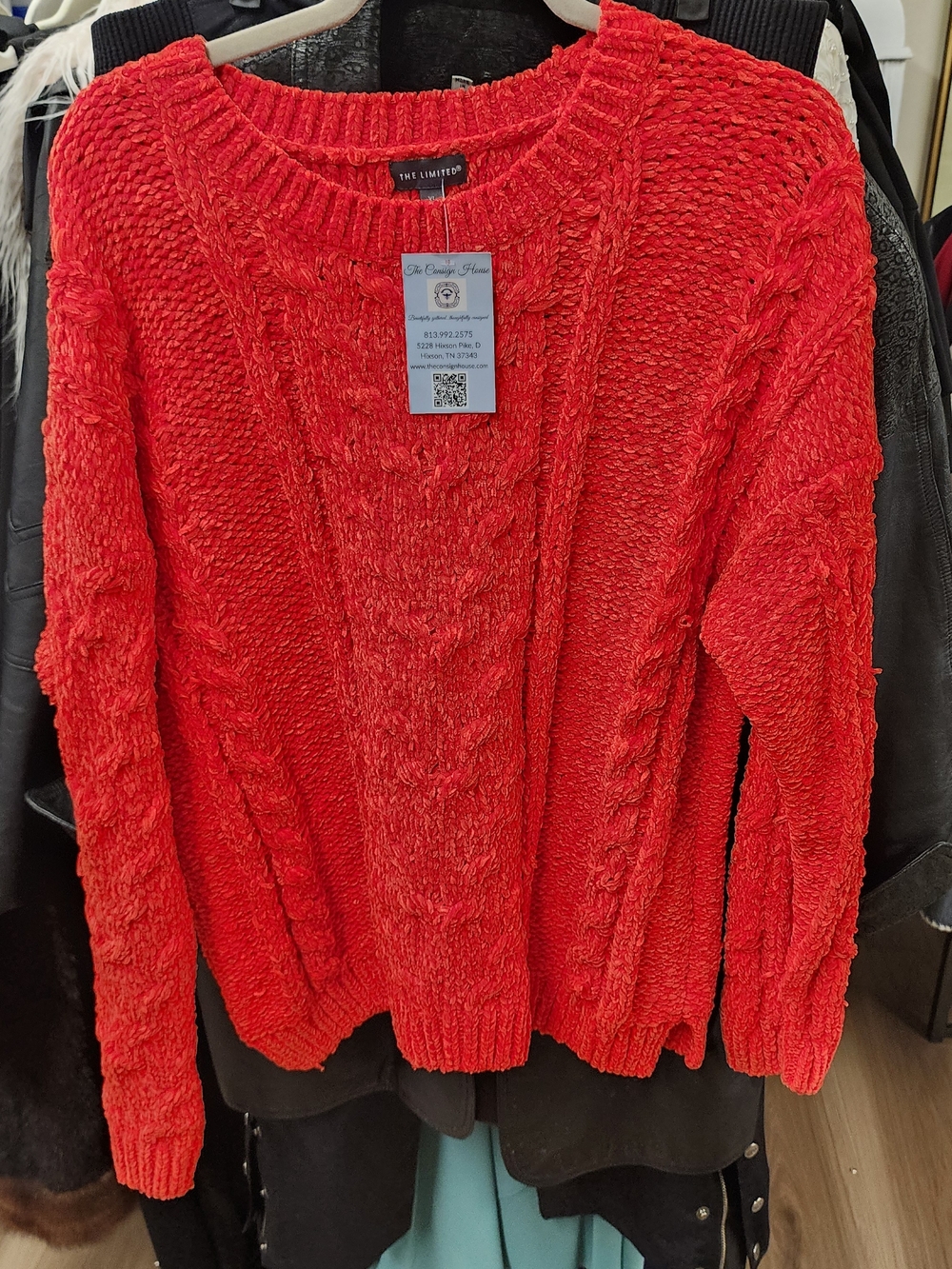The Limited Bright Red Cable Chenille Crewneck Sweater